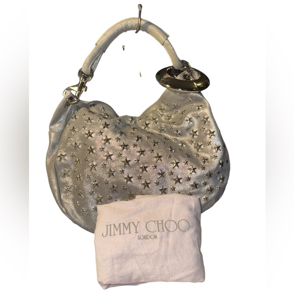 Jimmy Choo Silver Leather Star Studded Sky Bangle Hobo EUC w/ dustbag - Picture 4 of 13